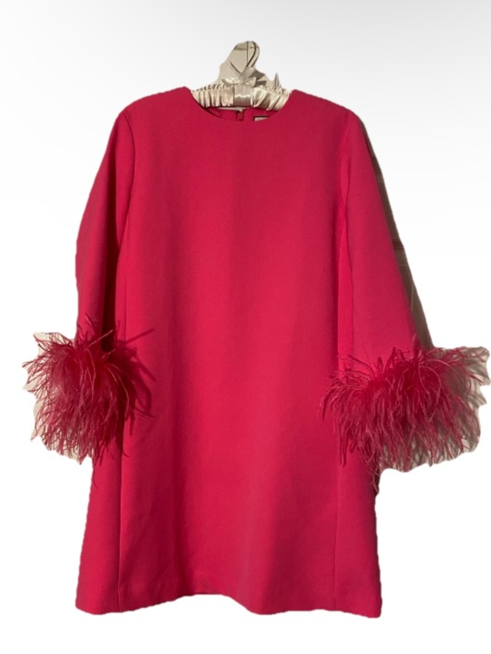 Tuckernuck Hot Pink Jamie Mini Shift Dress sz L Large Long Sleeve Feather Cuffs